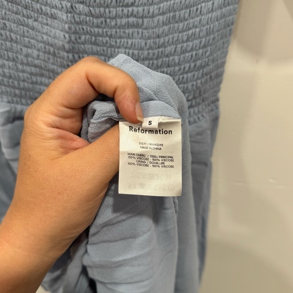Reformation Meadow Midi Dress in Mineral Blue Small Front Slit Puff Short Sleeve - Picture 7 of 9